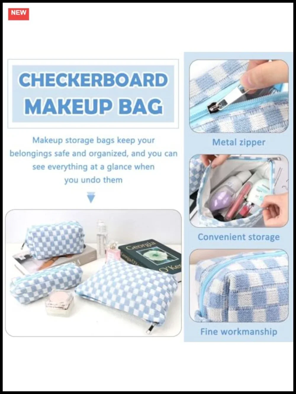 Checkered Canvas Makeup Bag Set of 3 Travel Toiletry Organizer Pouch for Women